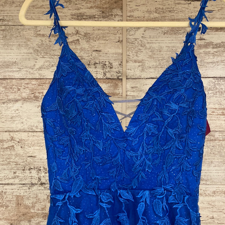 ROYAL BLUE FLORAL A LINE GOWN