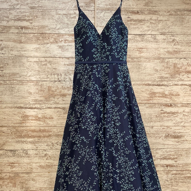 NAVY/GREEN FLORAL A LINE GOWN