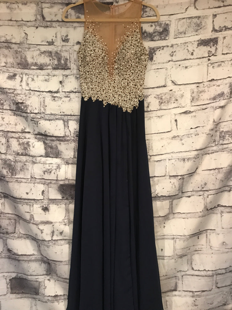 NAVY BEADED LONG EVENING GOWN