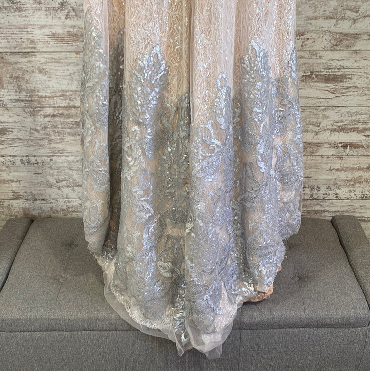 TAN/SILVER LONG EVENING GOWN