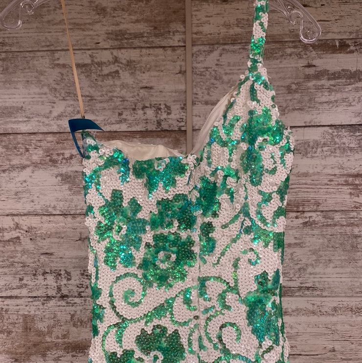 GREEN/WHITE LONG DRESS $850