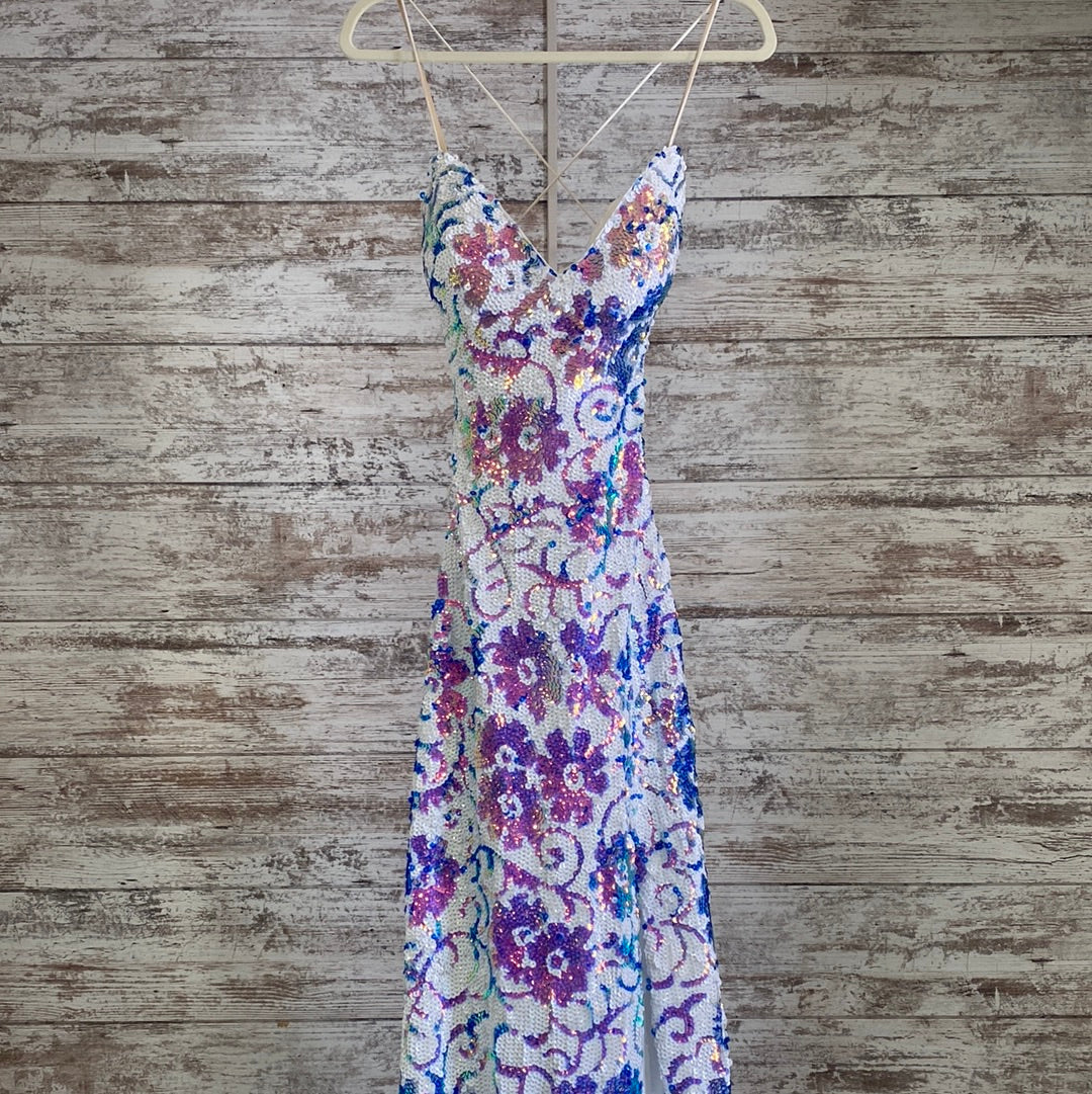 BLUE/WHITE SEQUIN LONG DRESS  Savvy Seconds Boutique