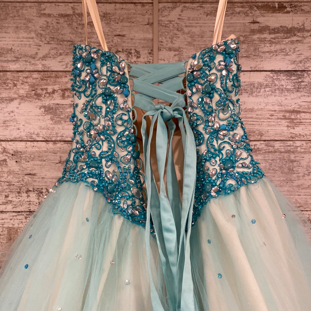 open lace back dress Turquoise Strapless Pleated Tulle Custom-Made Trumpet Prom Formal Gown