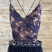 NAVY/TAN LONG EVENING GOWN