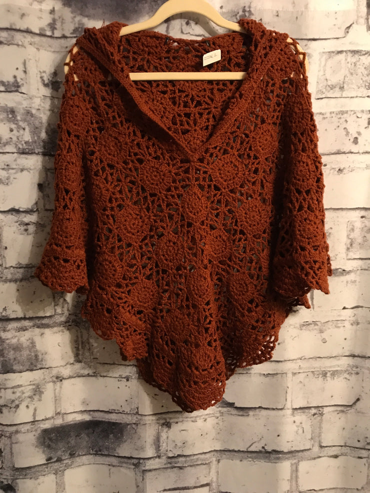 RUST CROCHET PONCHO W/ HOOD - NEW