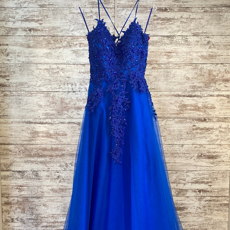 ROYAL BLUE/FLORAL A LINE GOWN