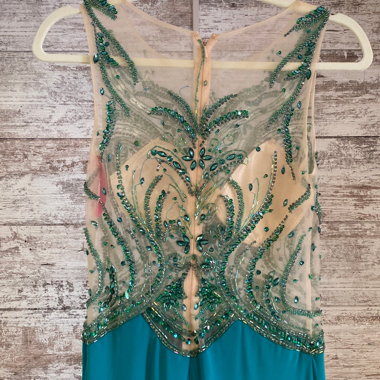 GREEN/TAN LONG EVENING GOWN