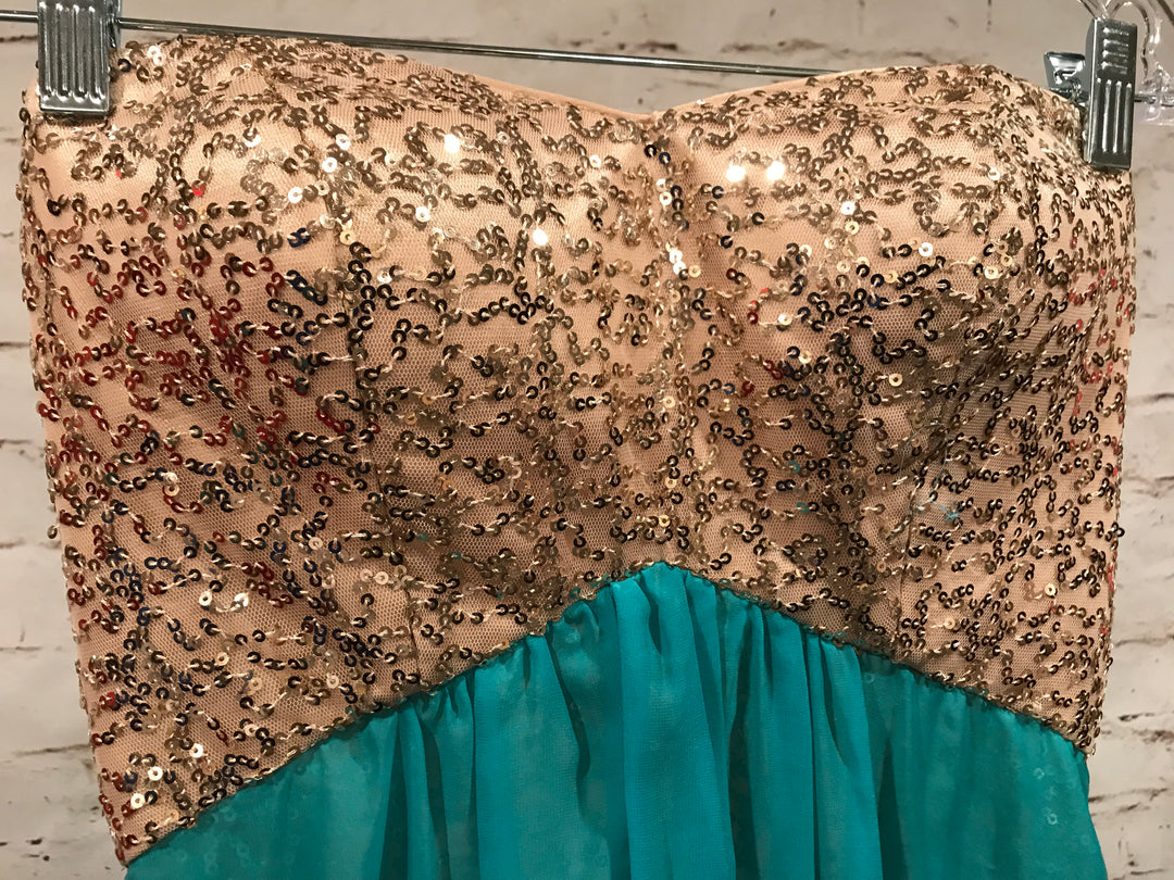 TURQUOISE/GOLD LONG EVENING GOWN – Savvy Seconds Boutique