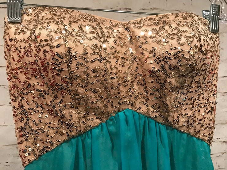 TURQUOISE/GOLD LONG EVENING GOWN Savvy Seconds Boutique TURQUOISE/GOLD LONG EVENING GOWN Savvy Seconds Boutique