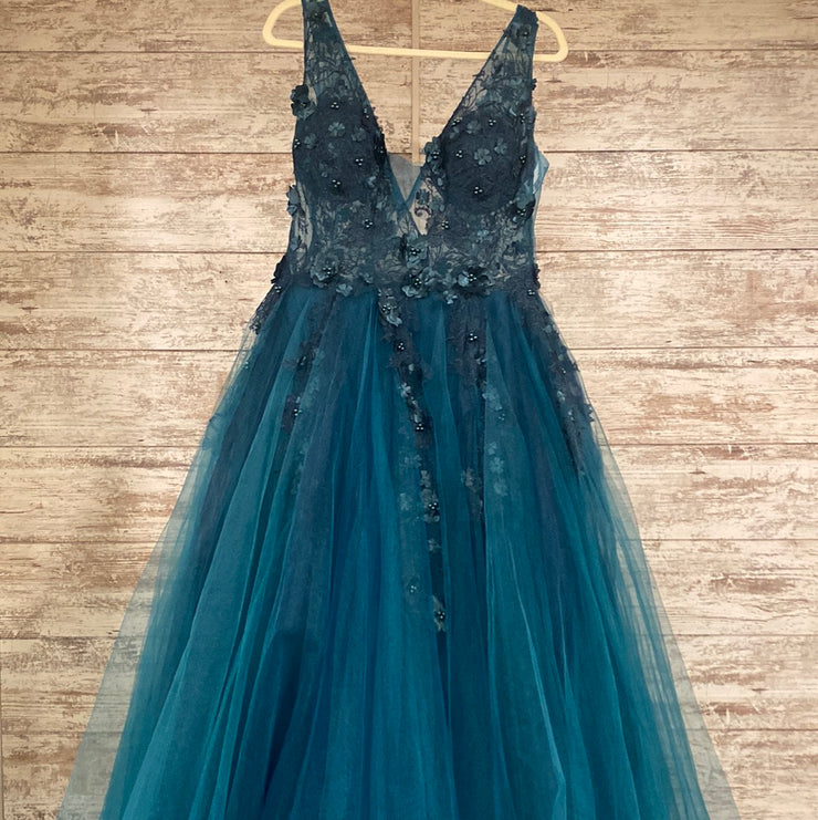 TEAL FLORAL A LINE GOWN $770