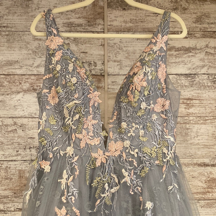 GRAY/BLUE FLORAL A LINE GOWN