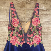 NAVY FLORAL A LINE GOWN