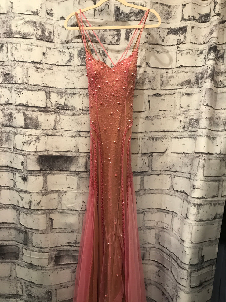 PINK LONG BEADED EVENING GOWN