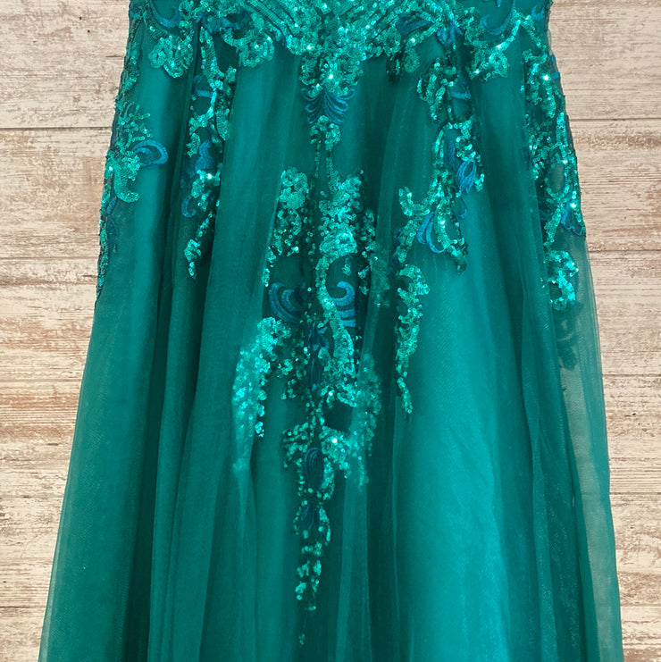 GREEN SPARKLY A LINE GOWN