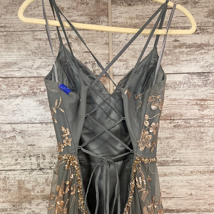 GRAY/GOLD FLORAL A LINE GOWN