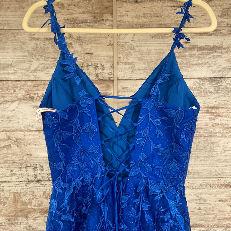 ROYAL BLUE FLORAL A LINE GOWN