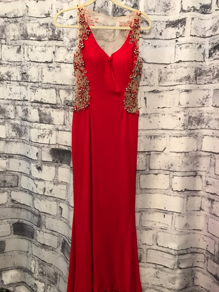 RED BEADED LONG EVENING GOWN