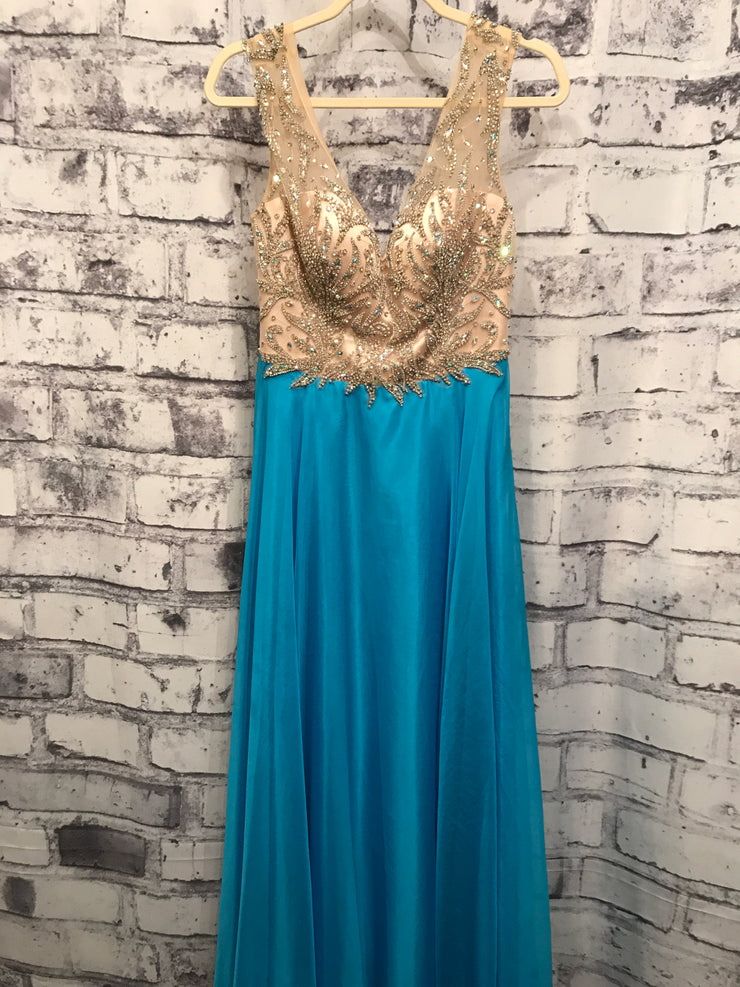 BLUE MESH/BEADED TOP GOWN