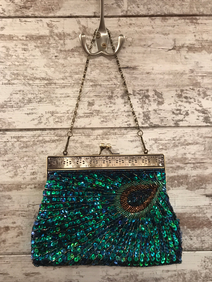 PEACOCK SEQUIN CLUTCH PURSE W/ EXTENDED STRAP