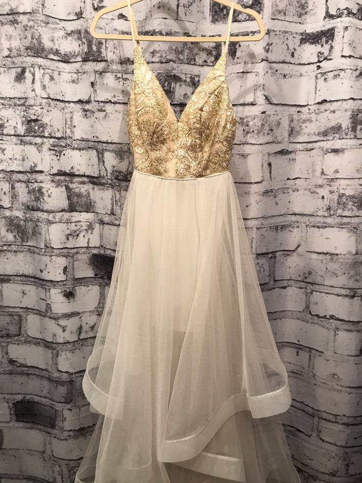 WHITE/GOLD A LINE RUFFLE GOWN