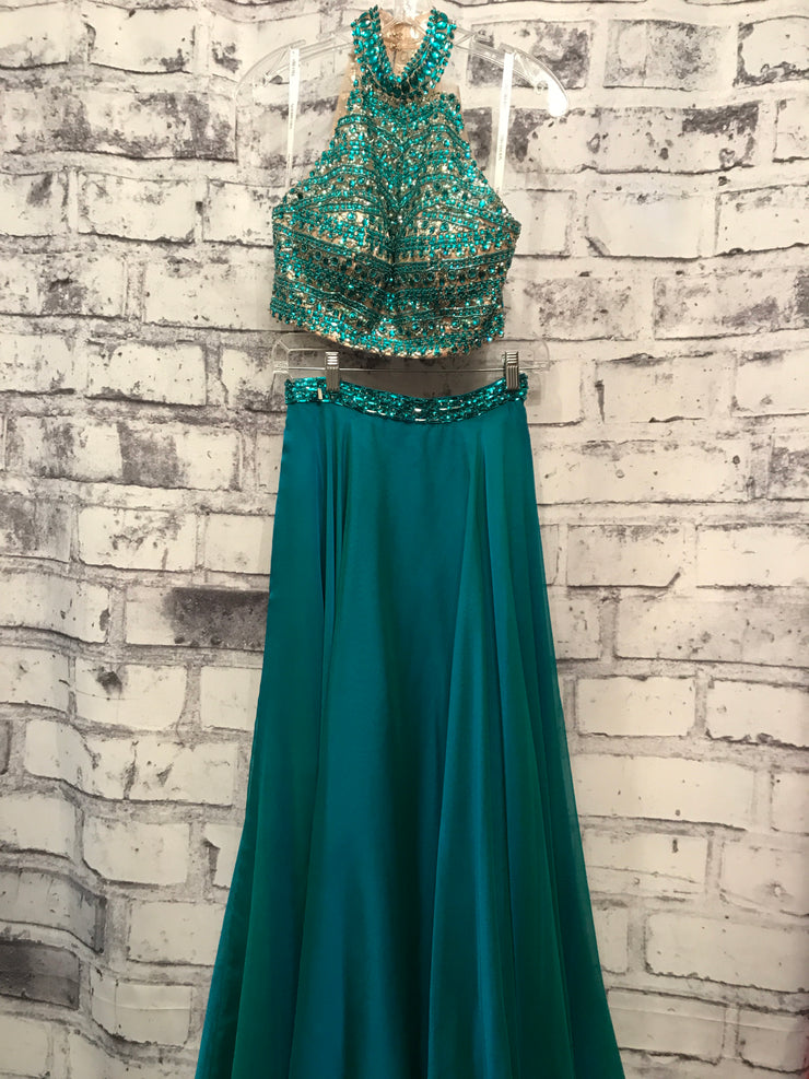 TEAL BEADED 2 PIECE GOWN SET