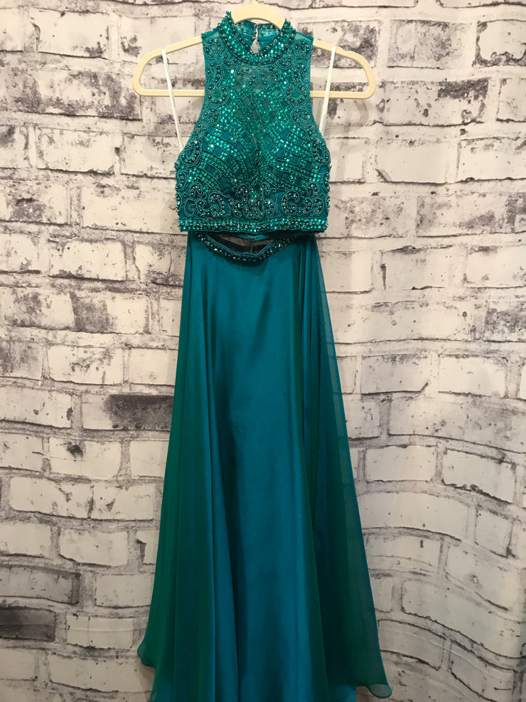 GREEN BEADED 2 PIECE LONG GOWN