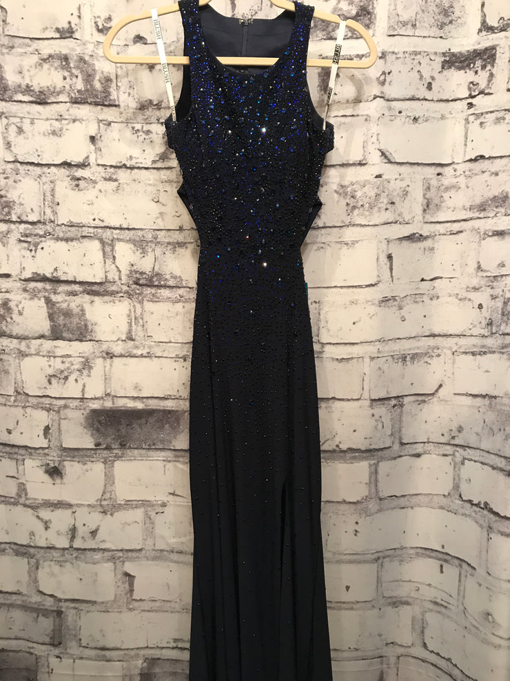 NAVY BEADED LONG EVENING GOWN