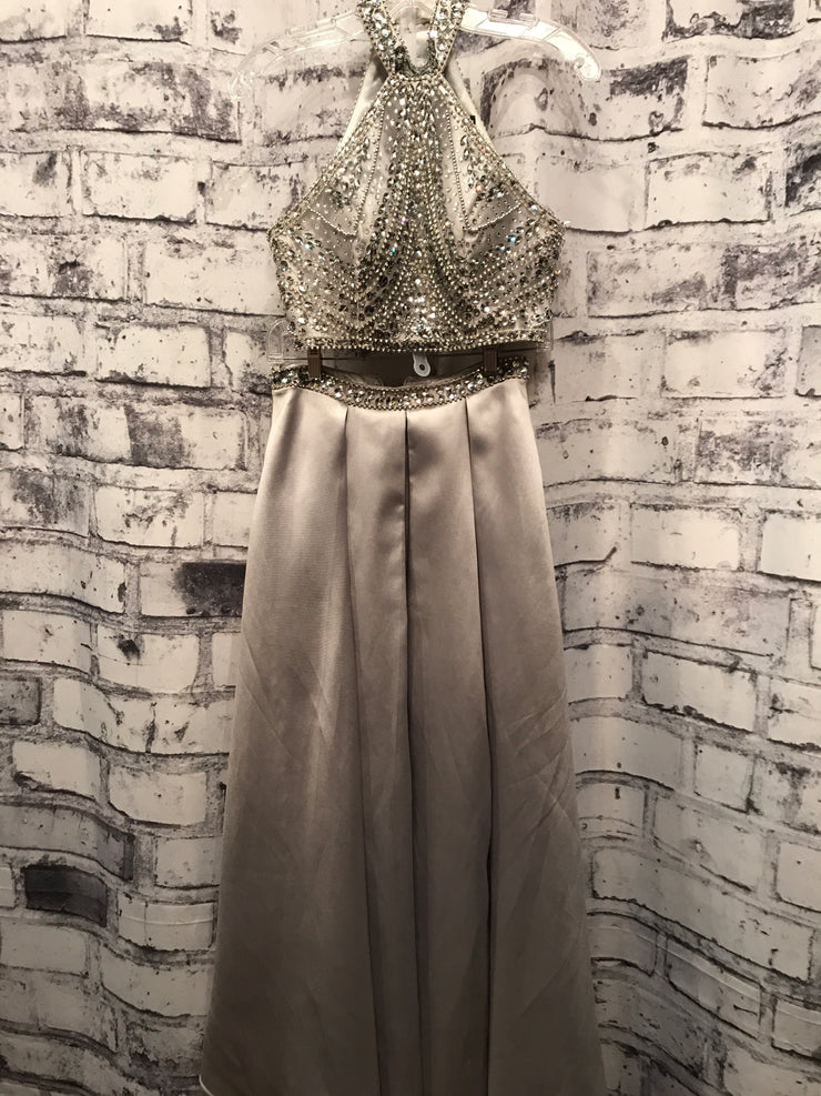 GRAY BEADED 2 PIECE ALINE GOWN