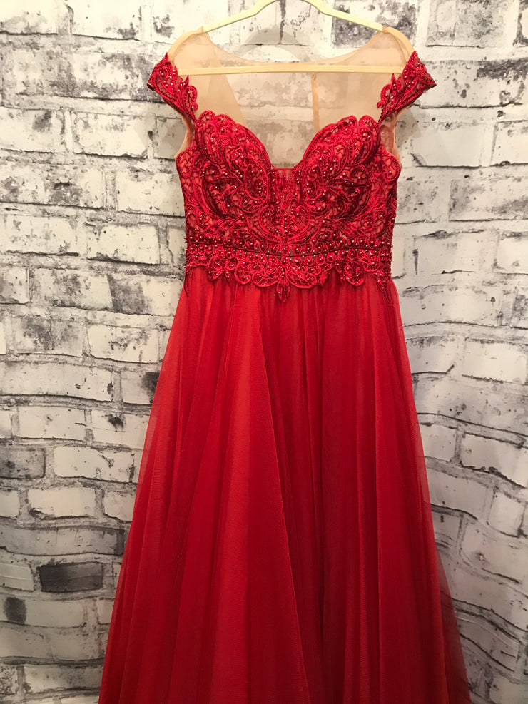 RED BEADED A LINE GOWN