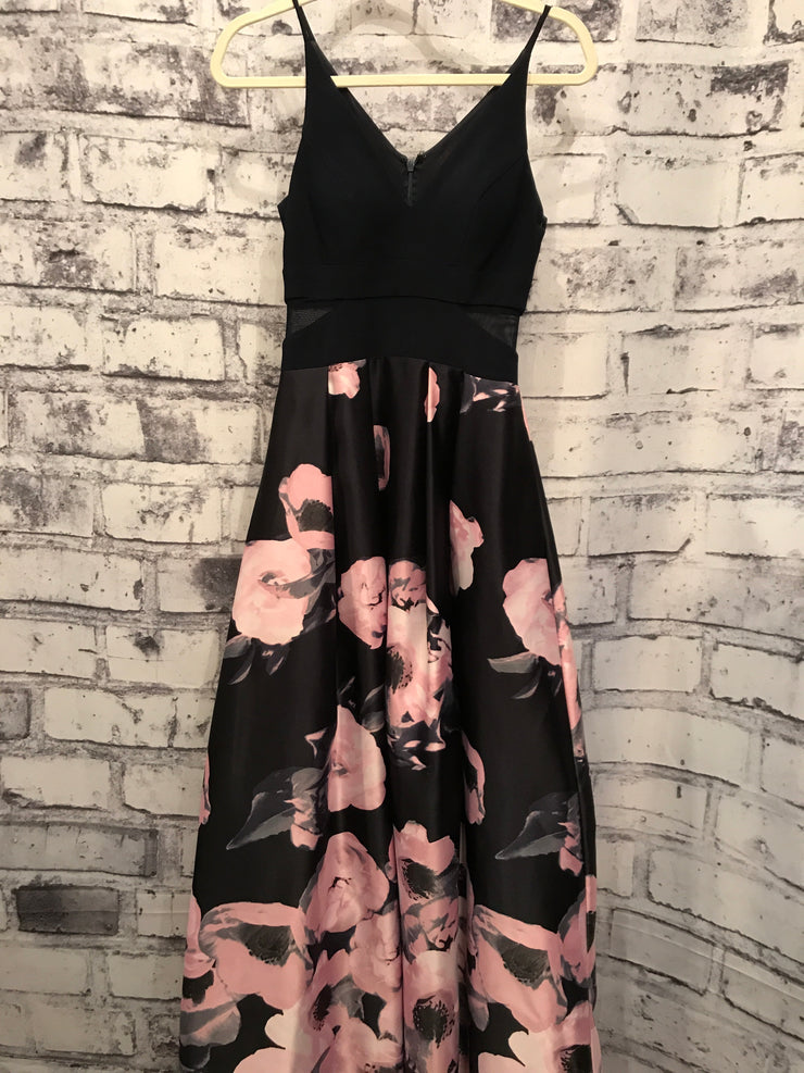NAVY/PINK FLORAL A LINE GOWN