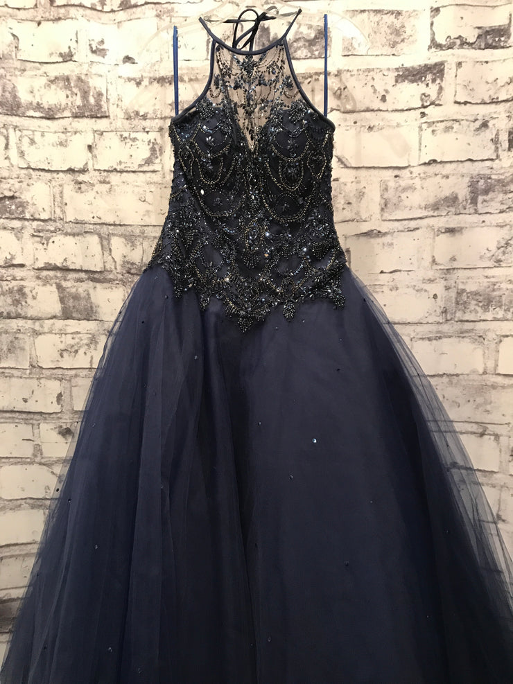 NAVY HI NECK PRINCESS GOWN